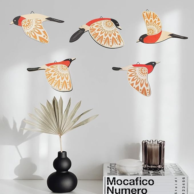 EMINGSKY 5 Pcs Wooden Bird Wall Art Wood Flying Birds Wall Decor Boho Rustic Folk Art Home Decor for Gift Living Room Bedroom Kitchen Office (Orange)