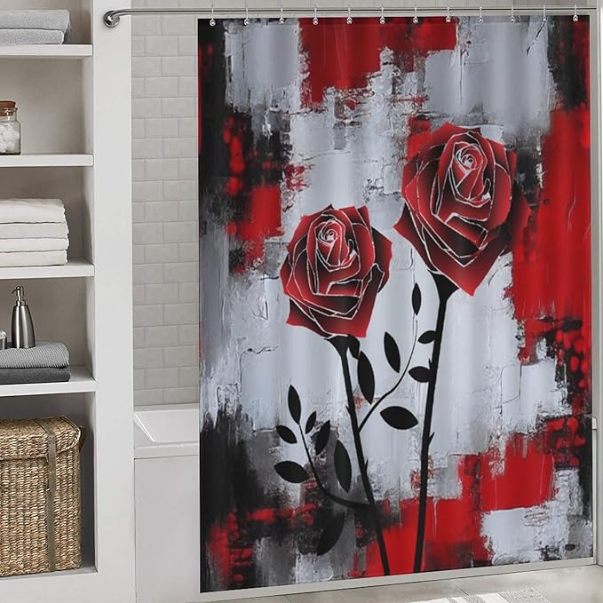 Red Rose Abstract Shower Curtain Nature Red Rose Floral Valentine's Day Artistic Waterproof Shower Curtains for Bathroom Decor 12 Pack Hooks 66x72in（168x183cm）