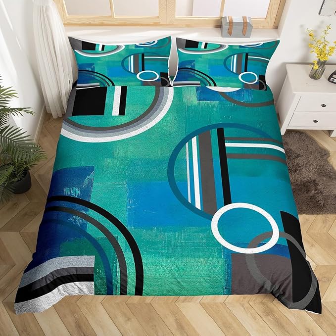 Erosebridal Geometric Comforter Cover King,Oil Painting Duvet Cover Watercolor Bedding,Circles Bedding Set,Blue Green Black Grey Quilt Cover,Modern Artwork Soft Cozy Bedspread Cover with Zipper& Ties