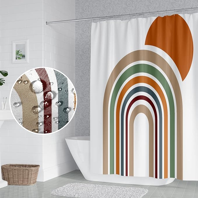 Mid Century Bohemian Bathroom Shower Curtain Colorful Stripes Arch Orange Sun Boho Shower Curtain with Hooks Waterproof Fabric Polyester Shower Curtain Aesthetics Home Decor, 60x72 Inch