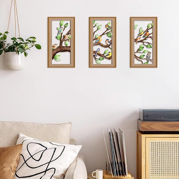 Ausril 3 Pcs Birds Tree Branch Wall Decor,Nature Tree of Life Wall Art,Green Leaves with Bird Wall Art,Branch Birds Silhouette Sculpture,Spring Tree Sign Wood Framed for Home Living Room Bedroom
