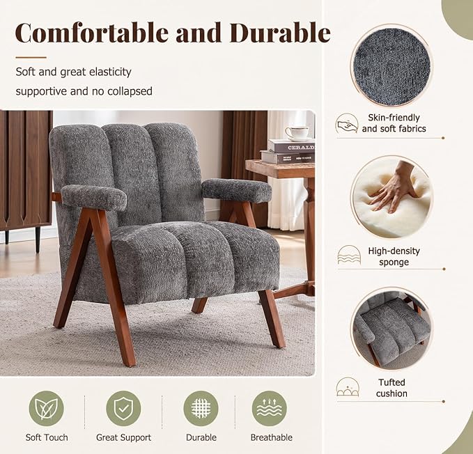 Mid Century Modern Accent Chair with Solid Oak Wood Frame, Upholstered Chenille Lounge Chair with Ergonomic Backrest and Thick Cushion for Living Room Bedroom Balcony, Set of 2, Grey