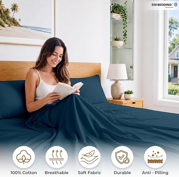SGI bedding 100% Egyptian Cotton Sheets Twin XL Size – 600 Thread Count Sheets Set, Soft, Cooling, 15" Deep Pocket, Luxury Hotel Bedding, Breathable, Durable - Teal