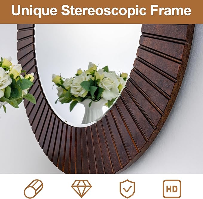 Chende 42'' Large Circle Mirror with Wood Frame, Decorative Mirror for Living Room, Farmhouse Bathroom Mirrors with Bronze Groove Finish for Entryway, Bedroom