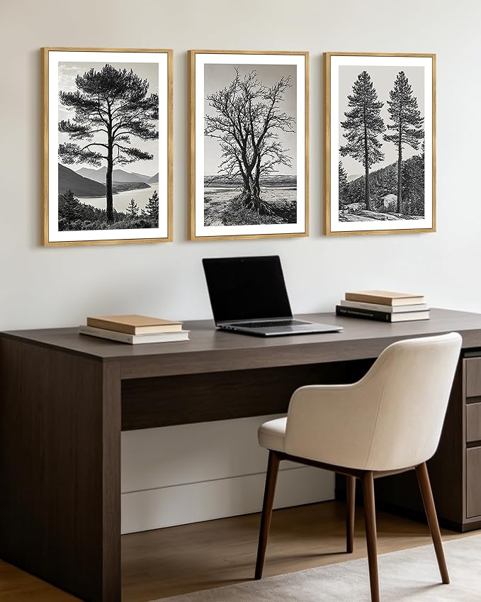 KUVIOKE Vintage Tree Framed Canvas Wall Art Black and White Retro Antique Forest Drawings Nature Wilderness Sketch Wall Painting Modern Decor 16x24in (Natural Framed)