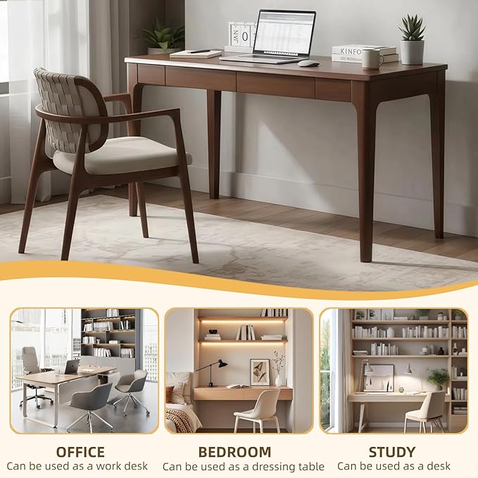 Solid Small Wood Desk with Storage, Wooden Writing Desk with Drawers, Mid Century Modern Desk for Bedroom & Small Spaces/Home Office (Walnut)