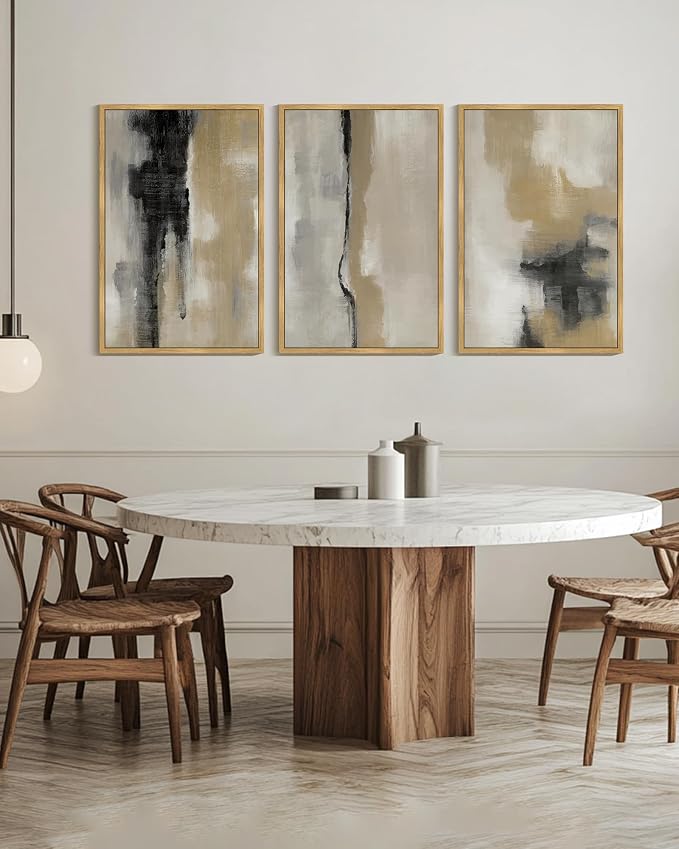 KUVIOKE Black Gray Abstract Framed Wall Art Neutral Wall Decor Minimalist Modern Illustrations Art Print for Living Room Bedroom 24x36in (Natural Framed)