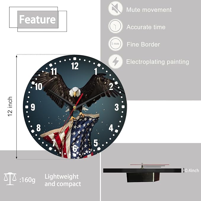 SPUNKER America Flag Eagle Wall Clocks,Patriotic Bald Eagle Wall Clock Battery Operated 10 Inch,Round Clock Silent Non-Ticking Wall Decor for Farmhouse Office Home School Living Room Bedroom