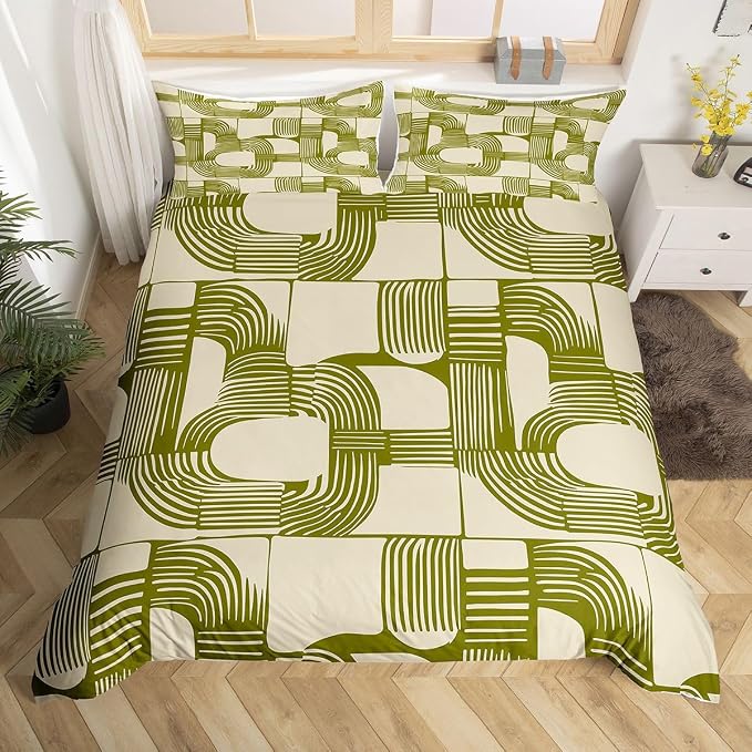 Erosebridal Boho Ethnic Boys Duvet Cover Full Size Geometric Stripes Bedding Set 3 Piece Light Olive Green Bohemian Striped Comforter Cover Modern Simple Aesthetics Bed Sets for Kids Teens Adult Men