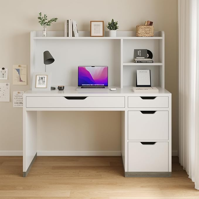 MaverickFurni White Desk with Hutch and Drawers, 53 Inch Computer Desk with Storage File Drawer, White Study Desk with 4 Drawers for Bedroom, Small Space