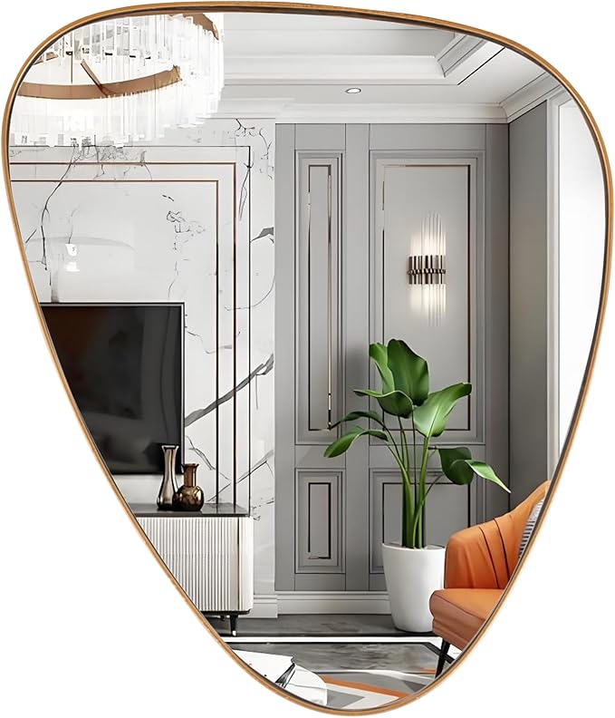 20" Metal Asymmetrical Mirror with Frame in Antique Brass Finish, Modern, Geometrical for Wall for Living Room, Bathroom, Bedroom (18"x20.5", Asymmetrical Triangular)