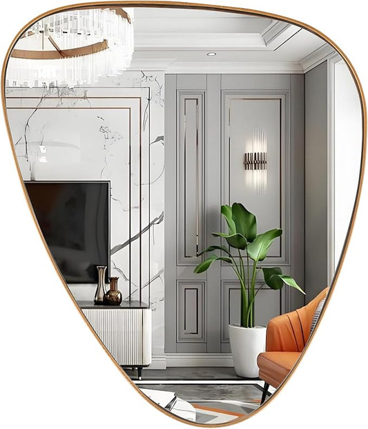 20" Metal Asymmetrical Mirror with Frame in Antique Brass Finish, Modern, Geometrical for Wall for Living Room, Bathroom, Bedroom (18"x20.5", Asymmetrical Triangular)