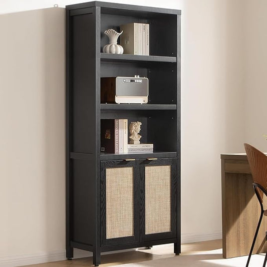 SICOTAS Bookcase 71" Tall Bookshelf 5 Tier Rattan Boho Bookcase with Doors Storage Large Book Case Shelf Farmhouse Bookshelves Library Book Shelves for Living Room Bedroom Home Office Kitchen