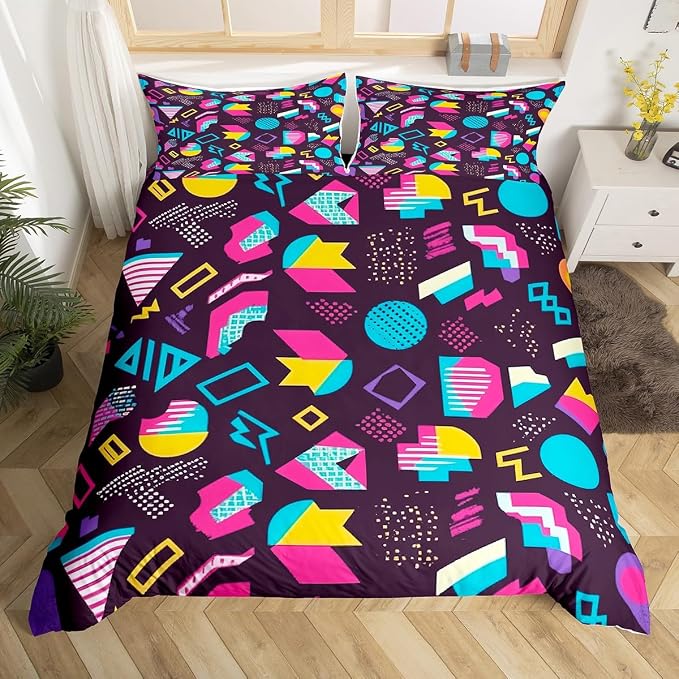Memphis Style Duvet Cover Full Abstract Colorful Design with Dots Funky Bedding Set for Kids Child Girls Vintage Eighties Comforter Cover Memphis Fashion Bed Sets 80'S Style Retro 1980s Home Decor