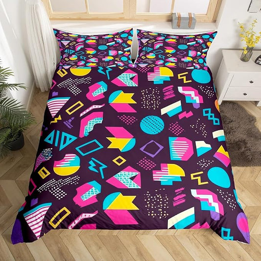 80s 90S Fashion Style Bedding Set Queen Size,Retro Memphis Style Pattern with Geometrical Shapes Duvet Cover for Kids Child,Funky Hipster Old Fashioned Comforter Cover Geometric Bedroom Decor