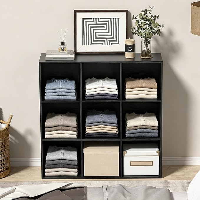 Wooden 9 Cube Storage Organizer with Closed Back Panel,Black Cube Shelf Cubby Storage Organizers with Compartments for Living,Bookshelf,Organizers Easy to Install (Black, 9 Cube)