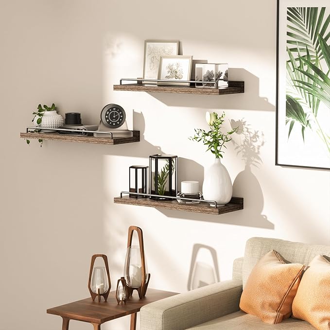 Floating Shelves for Wall Decor Bathroom Shelves Over Toilet, Farmhouse Wall Shelves for Living Room, Bedroom, Picture Frames, Plants, Kitchen (Dark Brown, Set of 3)