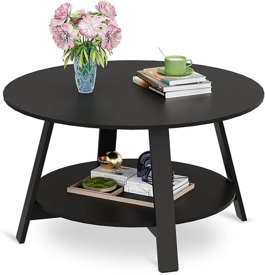 WLIVE Round Coffee Table, 2-Tier Wood Coffee Table with Storage Shelf, Tapered Legs, Circle Wood Small Center Table for Living Room, Apartment, Easy Assembly, Black
