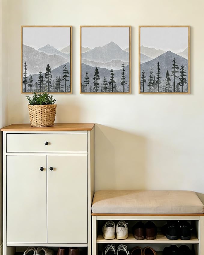 KUVIOKE Mountain Landscape Framed Wall Art Watercolor Nature Forest Painting Boho Farmhouse Rustic Room Decor for Bedroom Dining Room 12x16in (Natural Framed)