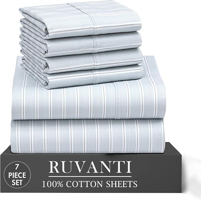 RUVANTI 100% Cotton Percale Sheets California King Size 6 Piece Set, Cooling Bed Sheets for Hot Sleepers, Deep Pocket 14”, Breathable Lightweight & Durable, Crisp Hotel Style Sheets, Horizon Stripes