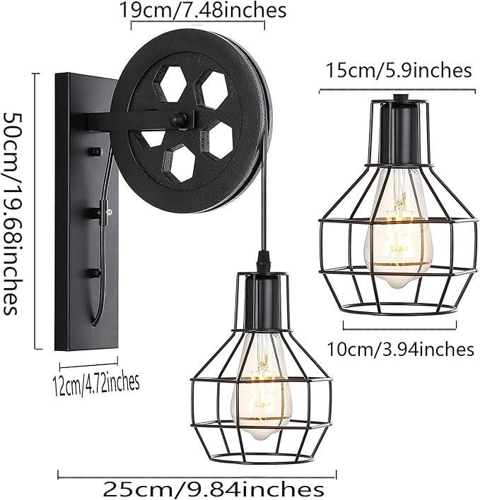 1-Light Rustic Wall Light Lift Pulley with Matte Iron Cage Lampshade Industrial Mid Century Sconce for Indoor Lighting Barn Restaurant (Black Color)