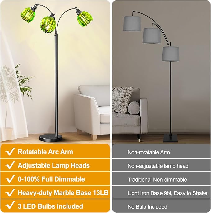 Arc Floor Lamps for Living Room, Dimmable Floor Lamp with Green Flower Glass Shades and 3 Brightness Lights, Adjustable Arm, Modern Tree Tall Standing Lamp Corner Arched Light for Bedroom Decor