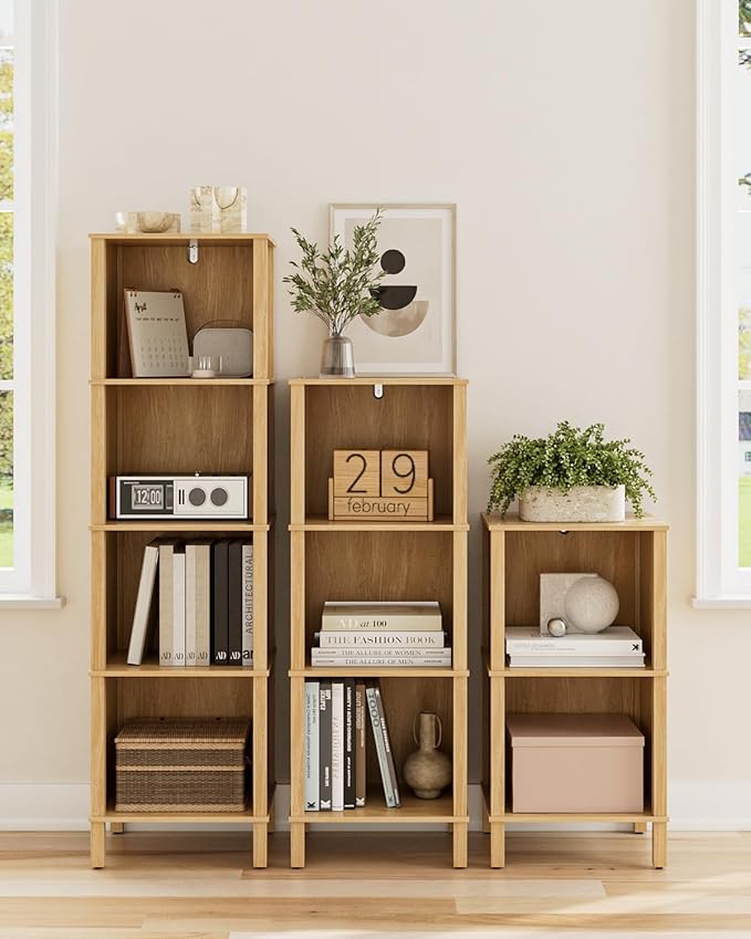 Book Shelf, Modern 4-Tier Bookcase, Open Storage Bookshelf, 11 × 14.2 × 50.4 Inches, Small Narrow Bookshelves for Living Room, Home Office, Bedroom, Natural
