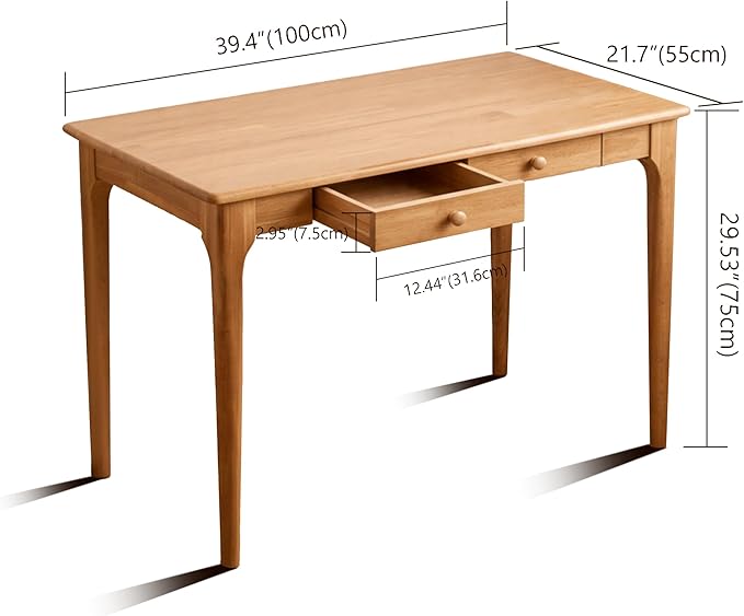 40" Solid Wood Desk with Drawers,Mid Century Modern Natural Real Wood Writing Desk,Home Bedroom Computer Office Workstation Desks,Small Spaces,Wood Color
