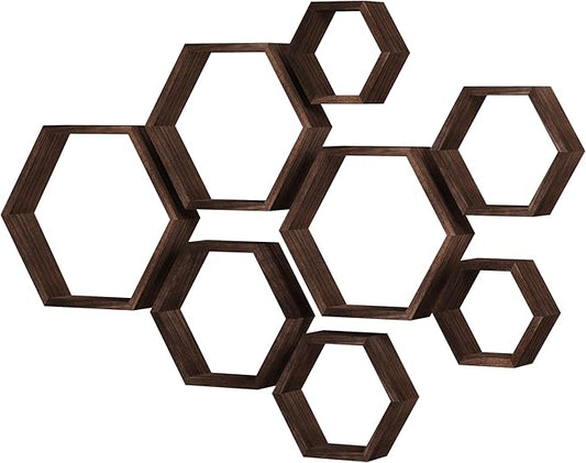 WONFUlity Hexagon Floating Shelves Honeycomb Shelves Wood Farmhouse Storage Wall Shelf for Bathroom, Kitchen, Bedroom, Living Room, Driftwood Finish Wall Decor