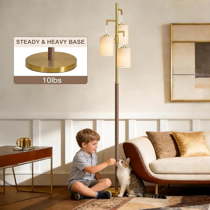 G-SAFAVA 70" Dimmable Floor Lamp Wood Floor Lamps for Living Room Bedroom Mid Century Modern Floor Lamp Gold Standing Lamp Tall Lamps for Office Nursery Reading Elegant Stand Up Lamp, 3 Bulbs Included