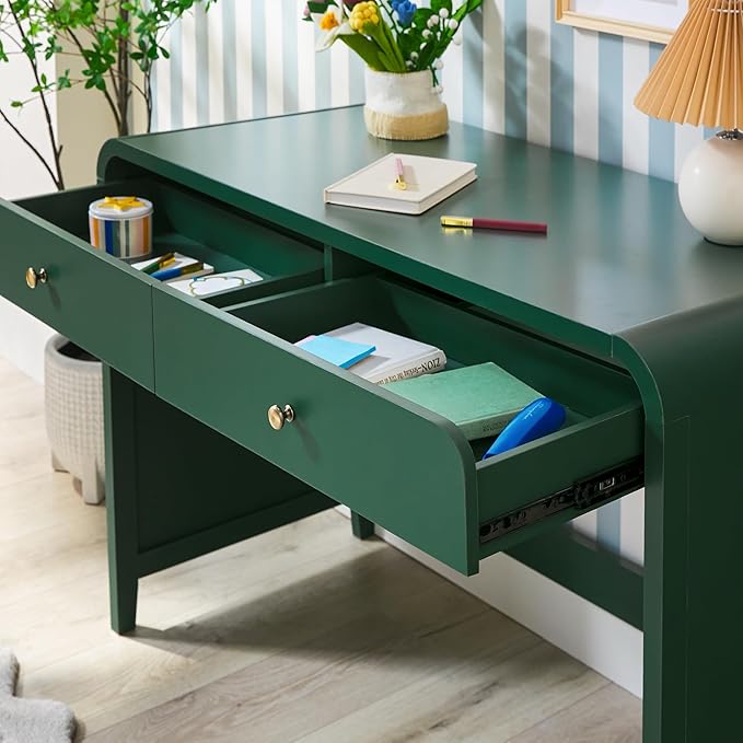 Walker Edison Zoey Modern Curve Design Writing Desk with Drawer, 45 Inch, Green