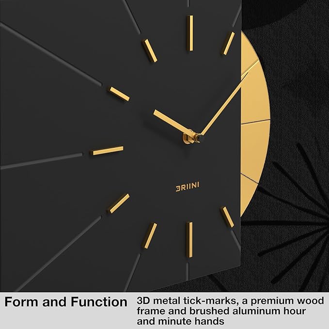 Driini Clocks Mid Century Modern Wall Clock - Square Black Clock with Decorative Gold Accent- Unique and Cool Clock, Battery Operated - MCM Decor & Decorative Wall Clock for Mid Century Modern Decor.