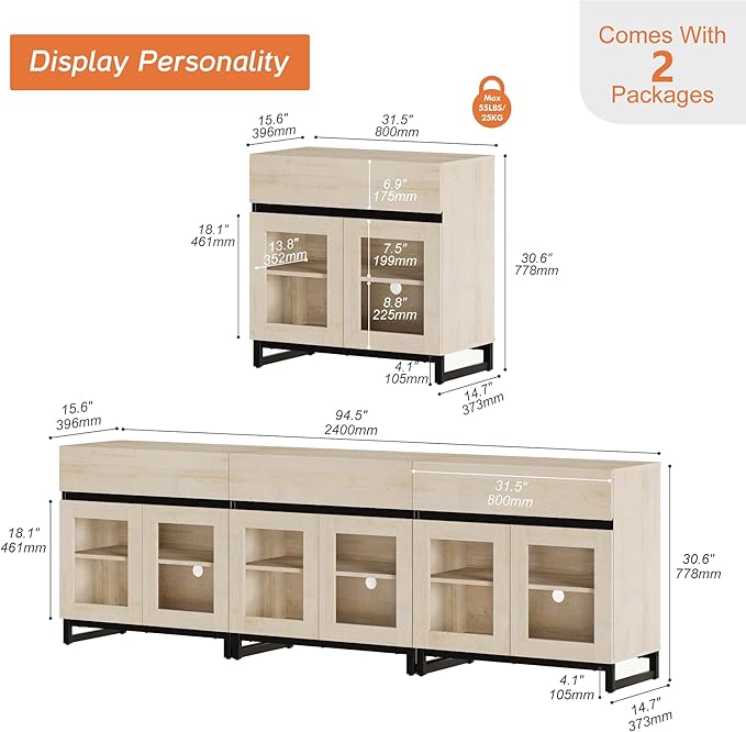 WAMPAT Multifunctional Sideboard Buffet Cabinets with 6 Glass Doors and 3 Drawers, Modern Sideboard Credenza Coffee Bar Storage Cabinet for Living Room, Kitchen, Light Oak