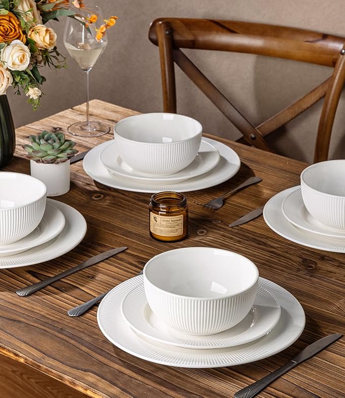 TheTerra Stoneware Dinnerware Sets for 4, 12 Pieces Ceramic Plates and Bowls Sets, Scratch Resistant Embossed Dish Set, Oven, Microwave & Dishwasher Safe, Bright White