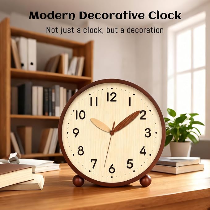 Maxspace Wooden Table Clock,8in Silent Non-Ticking Desk Clock,Battery Operated Desktop Analog Clock for Living Room Bedroom Kitchen Office Classroom Decor (Walnut - Log)