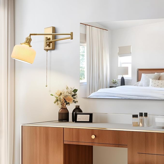 Gold Wall Sconces Set of 2 Modern Brass Swing Arm Wall Lamp with Pull Chain Milk GlassLight Fixture for Bedroom Living Room Hallway MWL14B-2