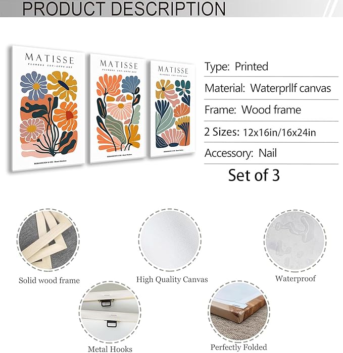 BingruiArt Matisse Wall Art Canvas Colorful Boho Flower Poster Abstract Pictures Set of 3 Minimalist Plant Leaves Painting Prints Decor Aesthetic for Living Room Bedroom Dorm 12"x16" Framed
