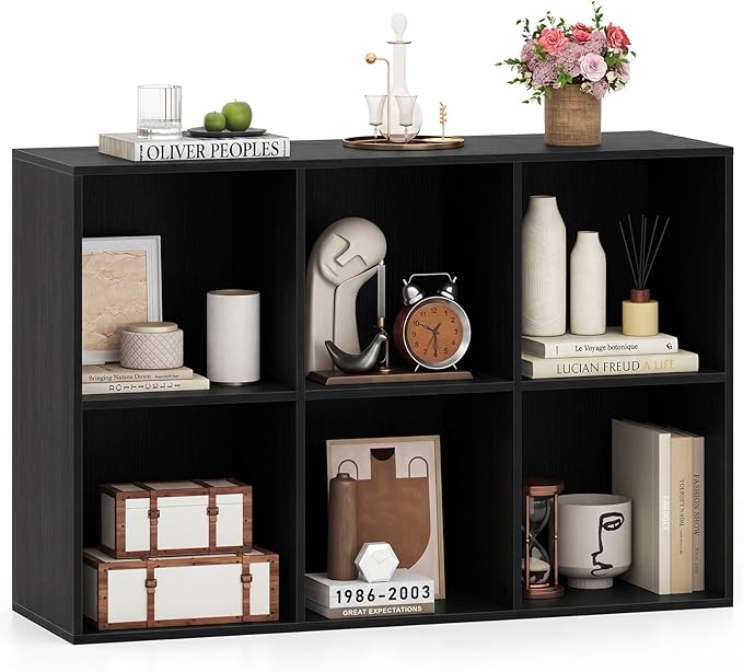 Tangkula 6-Cube Bookcase, Large Floor Standing Horizontal Bookshelf with 6 Open Shelves & 2 Anti-Tipping Kits, Home Office Wooden Storage Book Shelf for Living Room, Study (Black, 6-Cube)