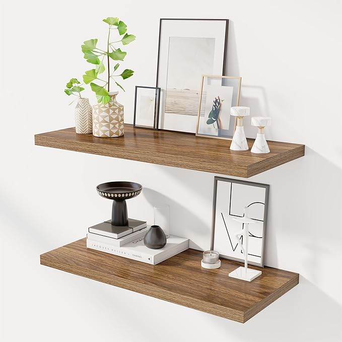 Dreamland 30" Floating Shelves for Wall, 12" Deep Slim Walnut Floating Shelves, Wall-Mounted Shelves for Bedroom, Living Room, Kitchen, Bathroom - Set of 2