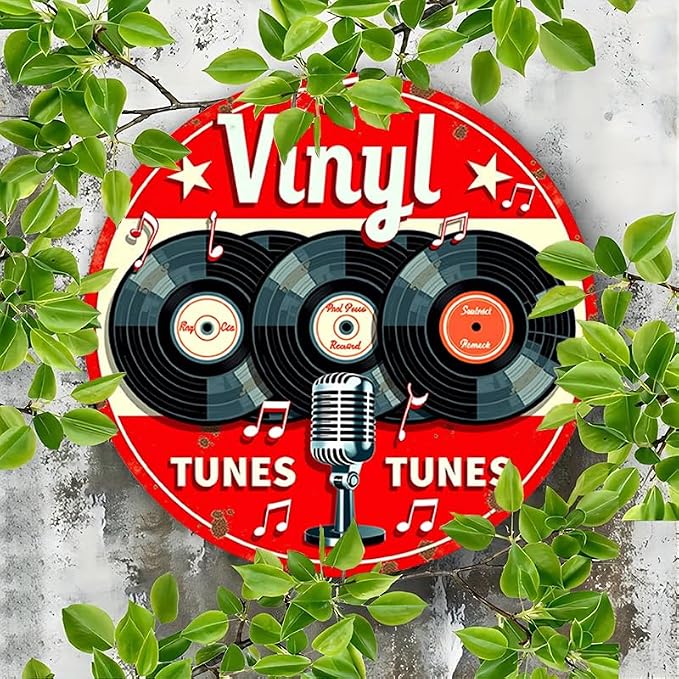 1pc Vintage Aluminum Metal Sign - Vinyl Tunes Round Wall Art - Classic Records & Retro Microphone Design - Ideal for Bar, Cafe, Music Room Decor - 7.8" Diameter