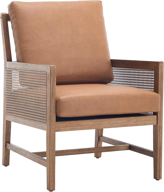chairus Mid-Century Modern Accent Chair, Comfy Faux Leather Upholstered Armchair with Cane Armrests & Slat Back, Solid Wood Rattan Reading Chair for Living Room Bedroom Guest Room
