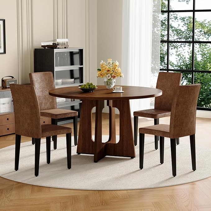 47" Round Dining Table Set for 4, Walnut Wood Grain Table and 4 Brown Suede Upholstered Chairs Set, Mid Century Modern Kitchen Table Set with Cross Legs