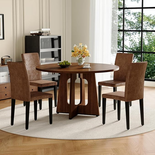 47" Round Dining Table Set for 4, Walnut Wood Grain Table and 4 Brown Suede Upholstered Chairs Set, Mid Century Modern Kitchen Table Set with Cross Legs
