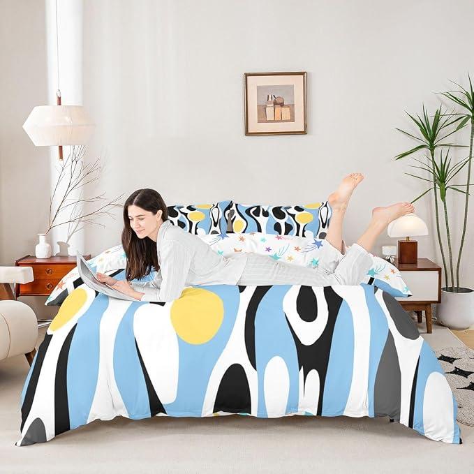 Erosebridal Mid Century Modern Abstract Duvet Cover Set Vintage Geometric Full Size Bedding Sets for Teenage Boys Contemporary Organic Shapes Comforter Cover Squiggle Blob Bed Set,Blue Yellow