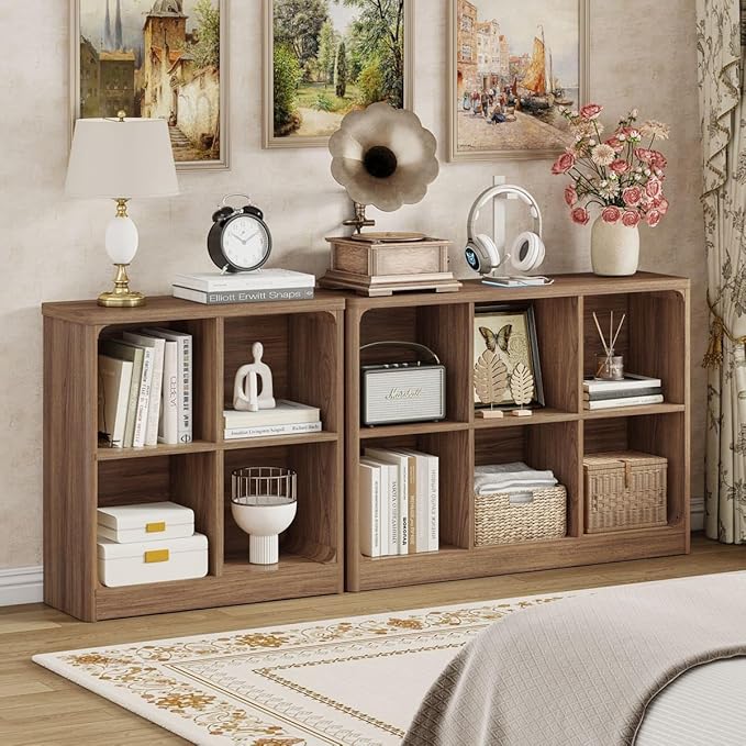 FATORRI 6 Cube Storage Bookcase, Rustic Wood Horizontal Bookshelf with Rounded Corners, Low Cube Organizer Shelf for Living Room, Bedroom, Office (Walnut, 43 Inch)