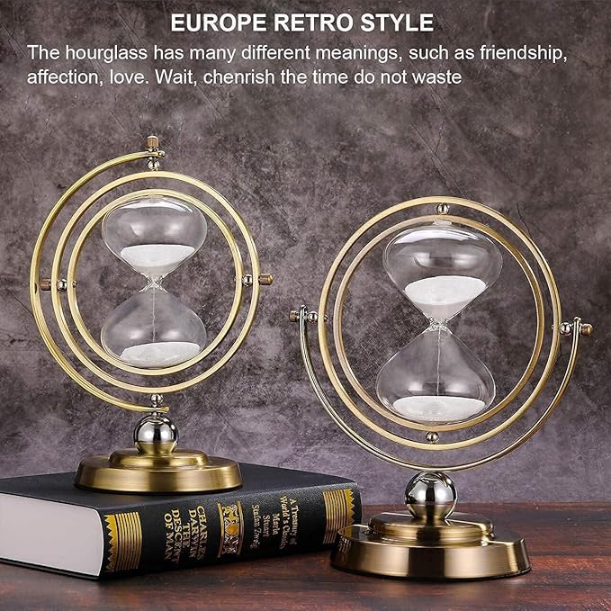 Brass Hourglass 60 Minute, 720° Rotating Vintage Metal Sand Timer, Large White Sand Watch 60 Min, Unique 1 Hour Glass Sand Clock for Gifts, Wedding, Home, Desk, Office Decoration,Adults (White)