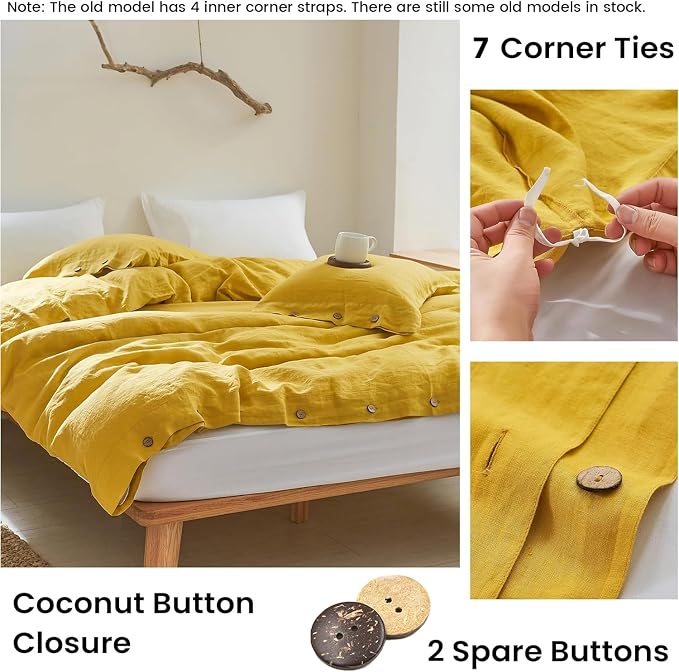 Simple&Opulence 100% Linen Duvet Cover Set 3pcs with Coconut Button Closure Natural French Washed Flax Solid Color Soft Breathable Farmhouse Bedding - Mustard Yellow, King Size