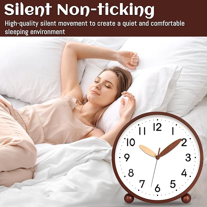 Maxspace Wooden Table Clock,8in Silent Non-Ticking Desk Clock,Battery Operated Desktop Analog Clock for Living Room Bedroom Kitchen Office Classroom Decor (Walnut - White)
