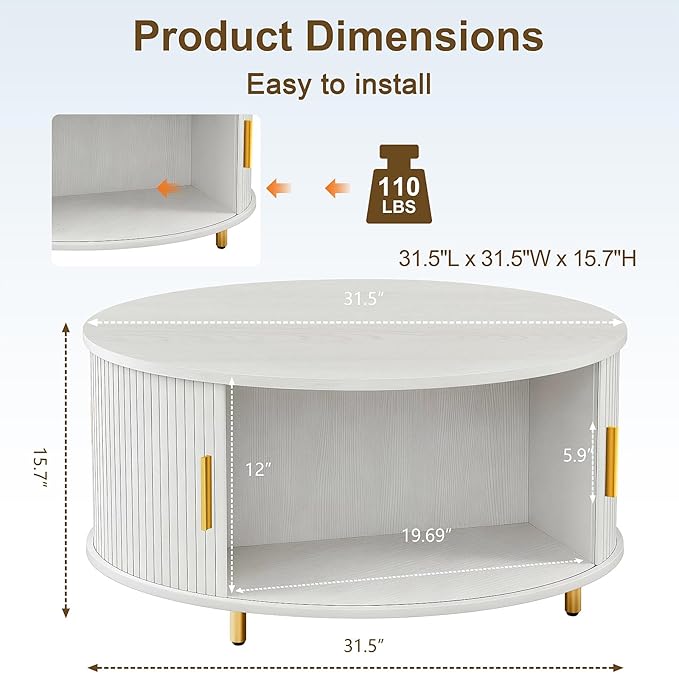DHH Round Coffee Table, 31.5" Mid Century Modern Coffee Table with 360° Sliding Tambour Door, Fluted Accent Coffee Table with Storage Adjustable Footpads for Living Room (White)
