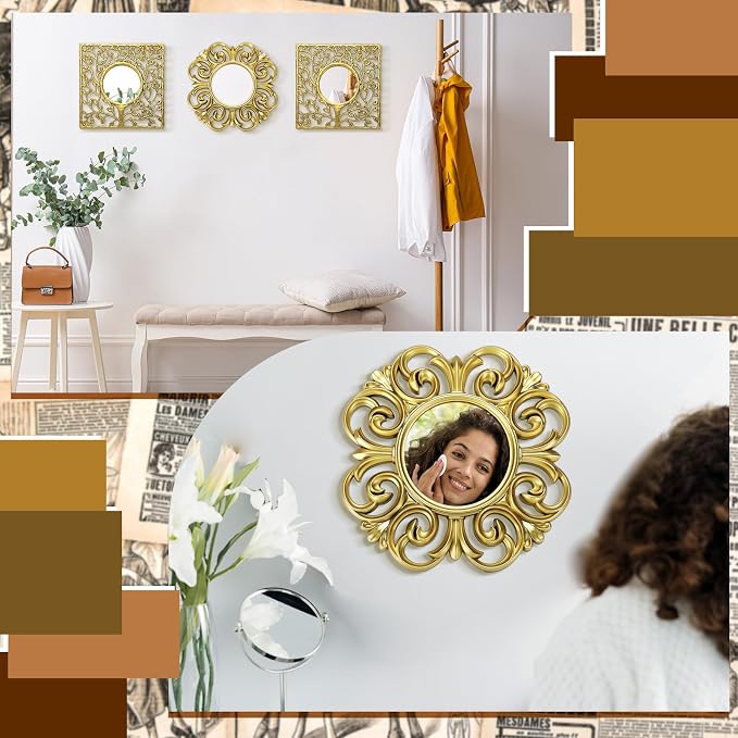 Fourluoo 3 Pack Gold Sunburst Mirrors for Wall Decor Circle Flowers Mirrors Decorative Gold Hanging Wall Art Flowers Mirror for Home Living Dinning Room Bedroom Bathroom Boho Decoration Art(Vintage)
